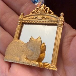 Vintage Signed JJ Jonette Cat Kitten Looking In Mirror Pin Brooch Gold Tone